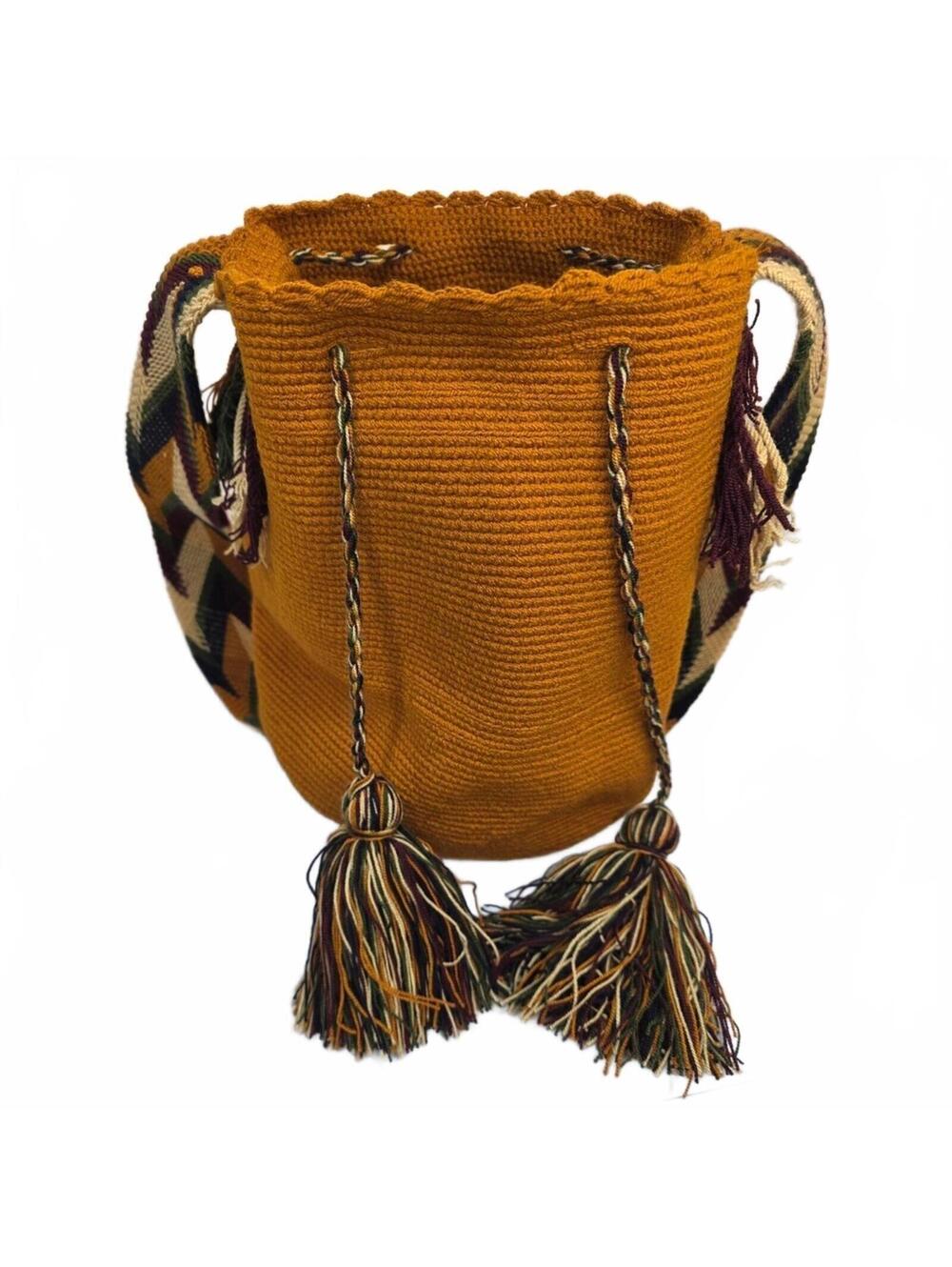Authentic Columbian Wayuu Mochila Bag- Mustard Yellow Crochet Bucket Bag